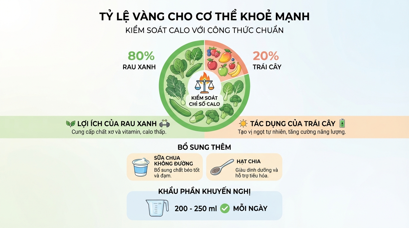 Tỷ lệ 80% rau xanh và 20% trái cây giúp kiểm soát chỉ số calo. Tỷ lệ 80% rau xanh và 20% trái cây giúp kiểm soát chỉ số calo.