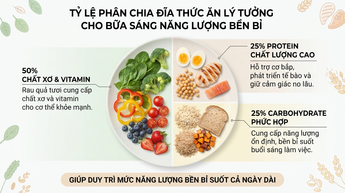 Tỷ lệ phân chia đĩa thức ăn lý tưởng giúp duy trì mức năng lượng bền bỉ.