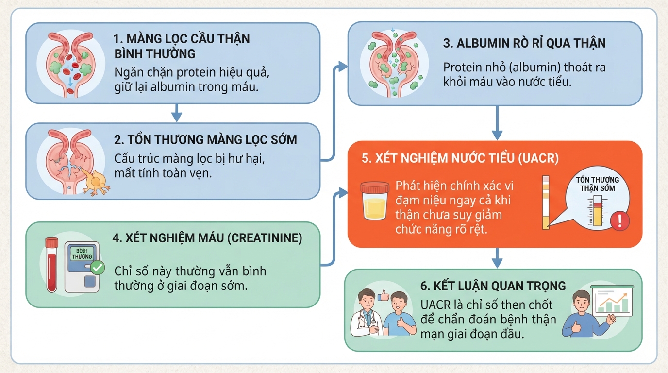 UACR giúp phát hiện tổn thương màng lọc sớm ngay cả khi creatinine máu vẫn ở mức bình thường. UACR giúp phát hiện tổn thương màng lọc sớm ngay cả khi creatinine máu vẫn ở mức bình thường.