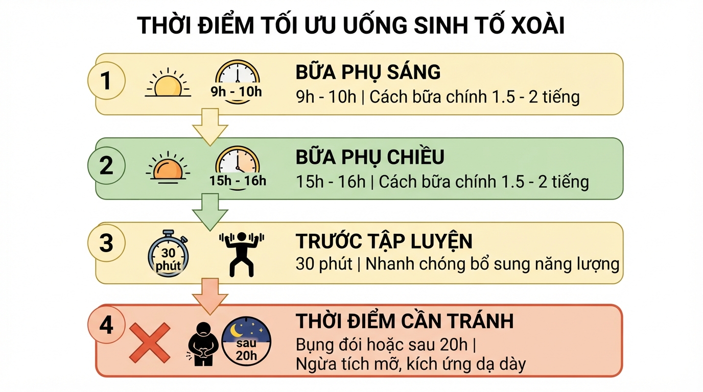 Uống sinh tố xoài vào bữa phụ sáng và chiều giúp bổ sung năng lượng.