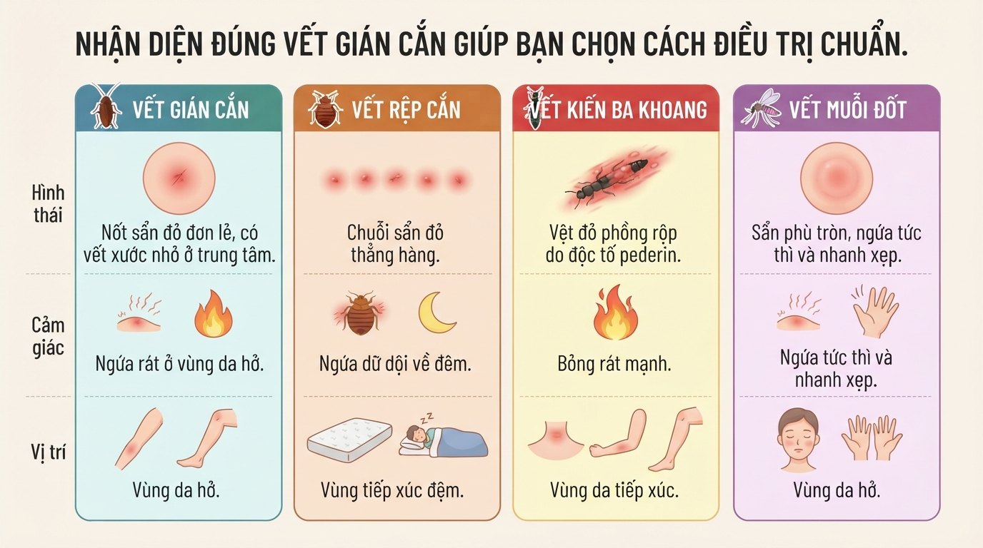 Vết gián cắn: Dấu hiệu, mức độ nguy hiểm và cách xử lý an toàn