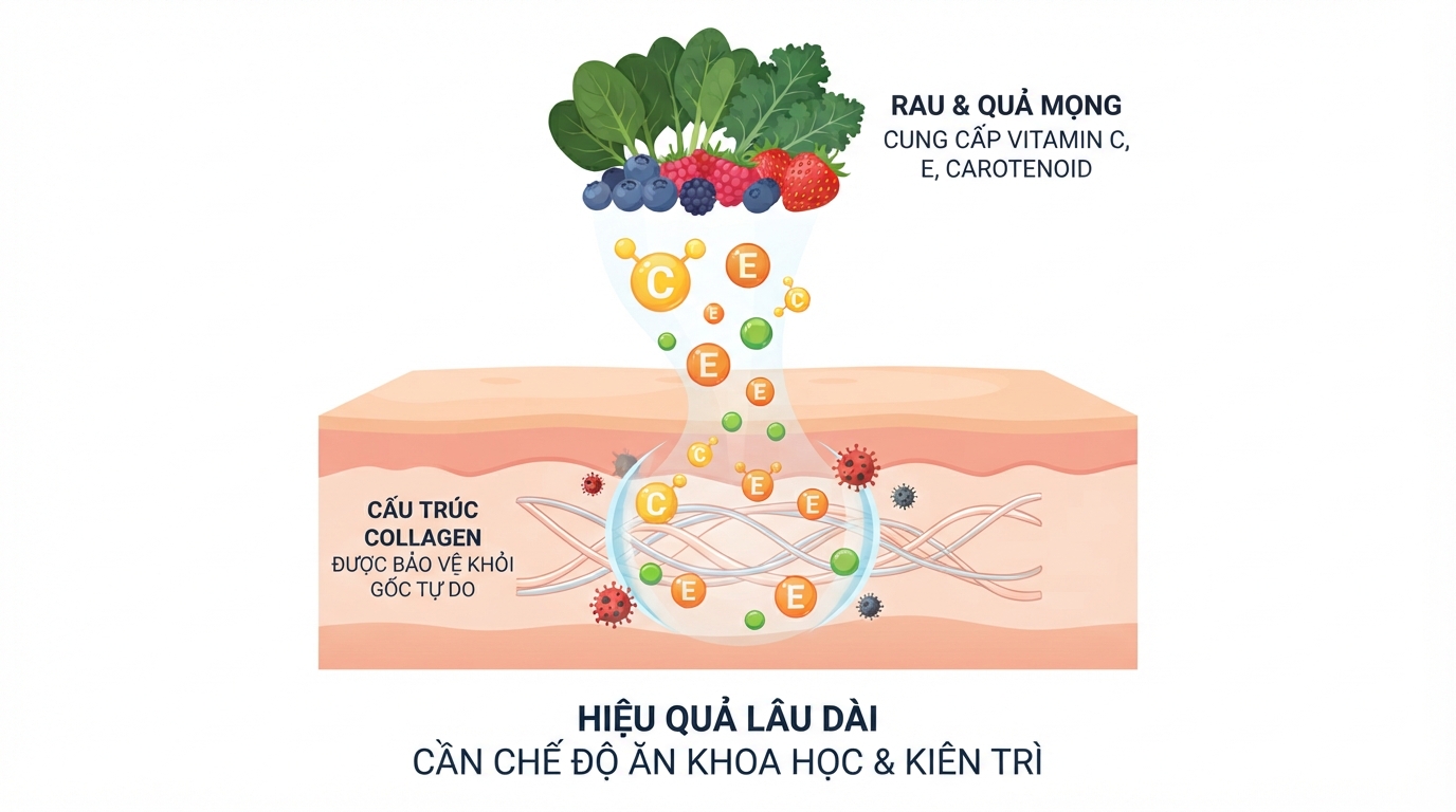 Vitamin C và E từ rau quả mọng hỗ trợ bảo vệ sợi collagen dưới da.