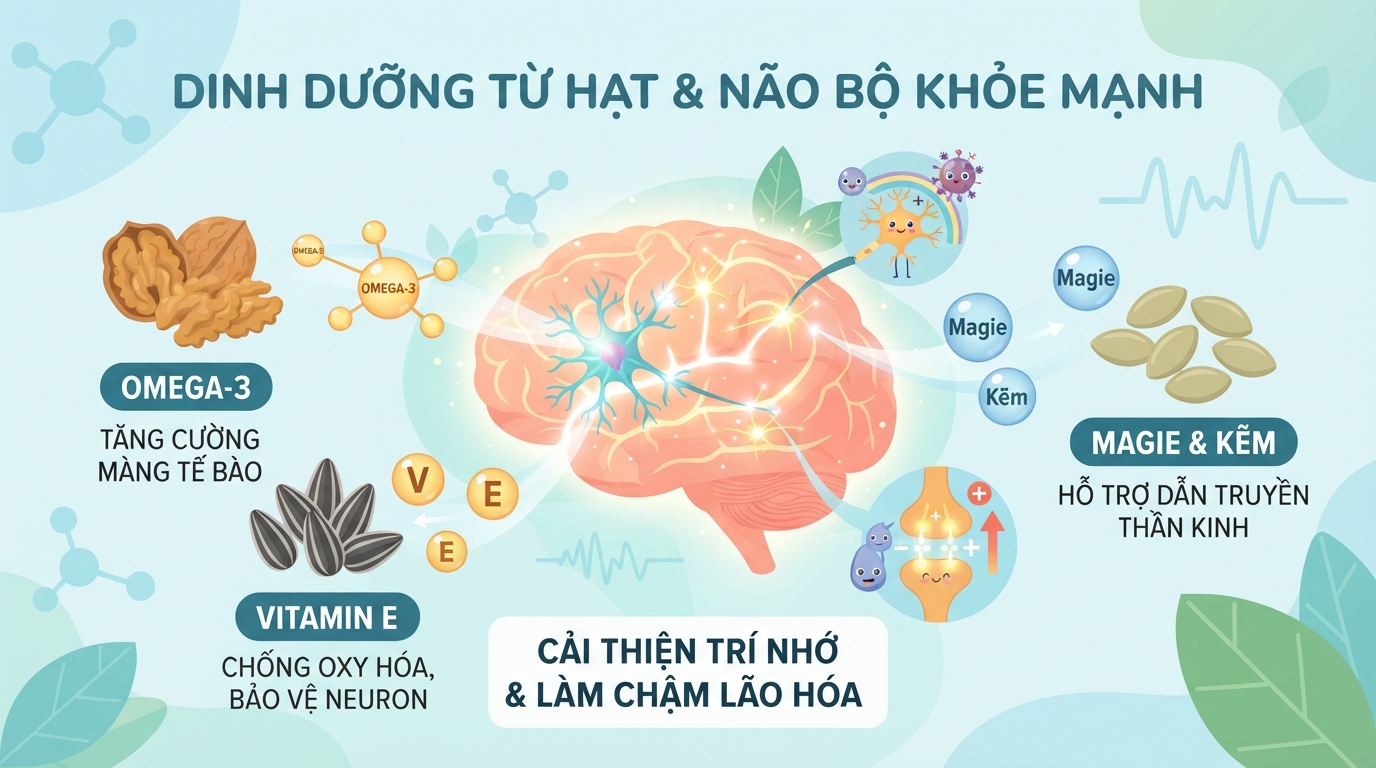 Vitamin E và Omega-3 hỗ trợ bảo vệ tế bào thần kinh, cải thiện trí nhớ.