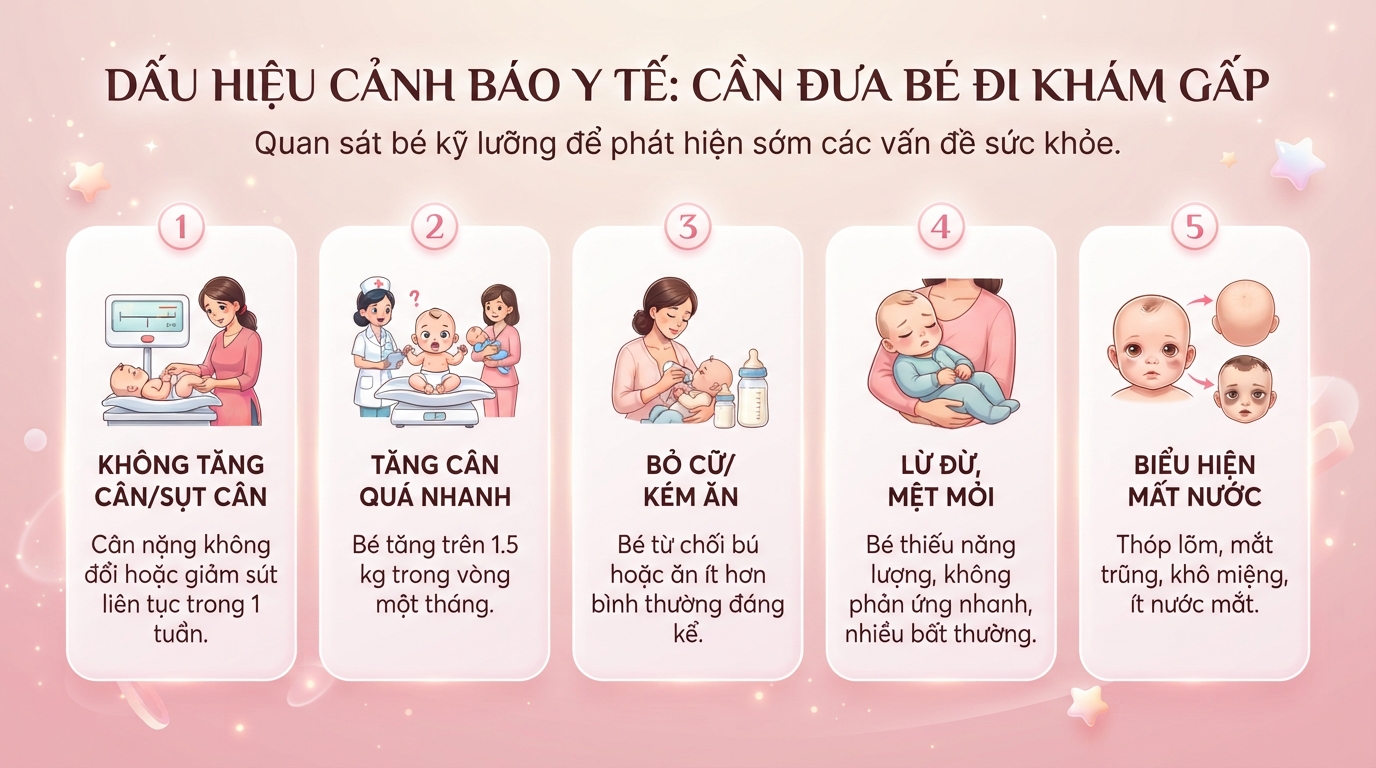 Ba mẹ nên đưa bé đi khám nếu thấy dấu hiệu sụt cân hoặc mất nước.