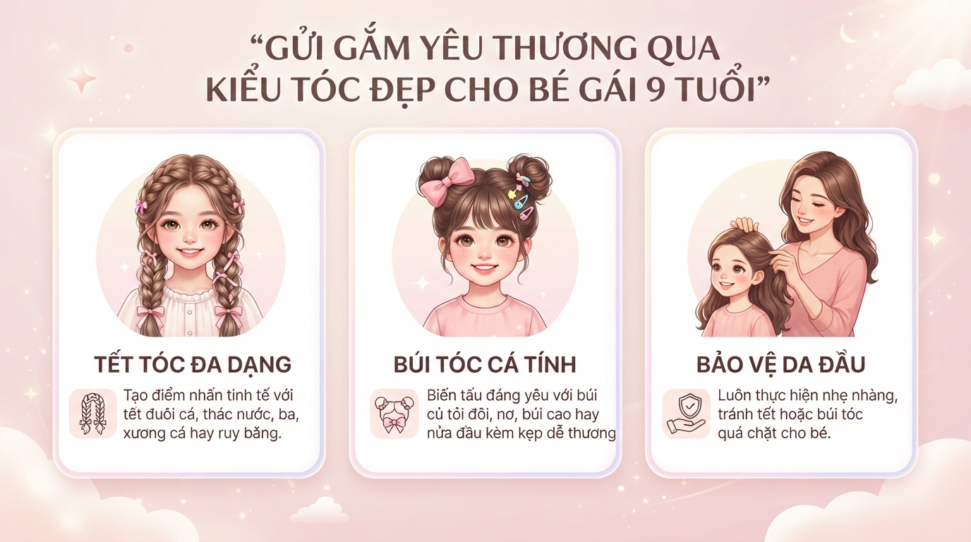 Tổng hợp kiểu tóc đẹp cho bé gái 9 tuổi phù hợp đi học, đi chơi