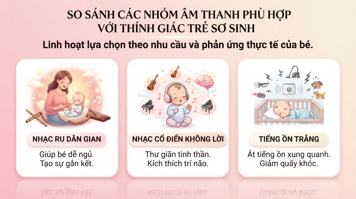 Bảng so sánh ba nhóm âm thanh phù hợp với đặc điểm thính giác của trẻ sơ sinh. Bảng so sánh ba nhóm âm thanh phù hợp với đặc điểm thính giác của trẻ sơ sinh.