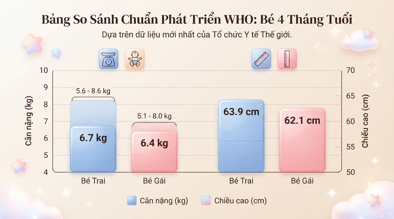 Bảng chuẩn WHO giúp ba mẹ biết bé 4 tháng nặng bao nhiêu kg là bình thường.