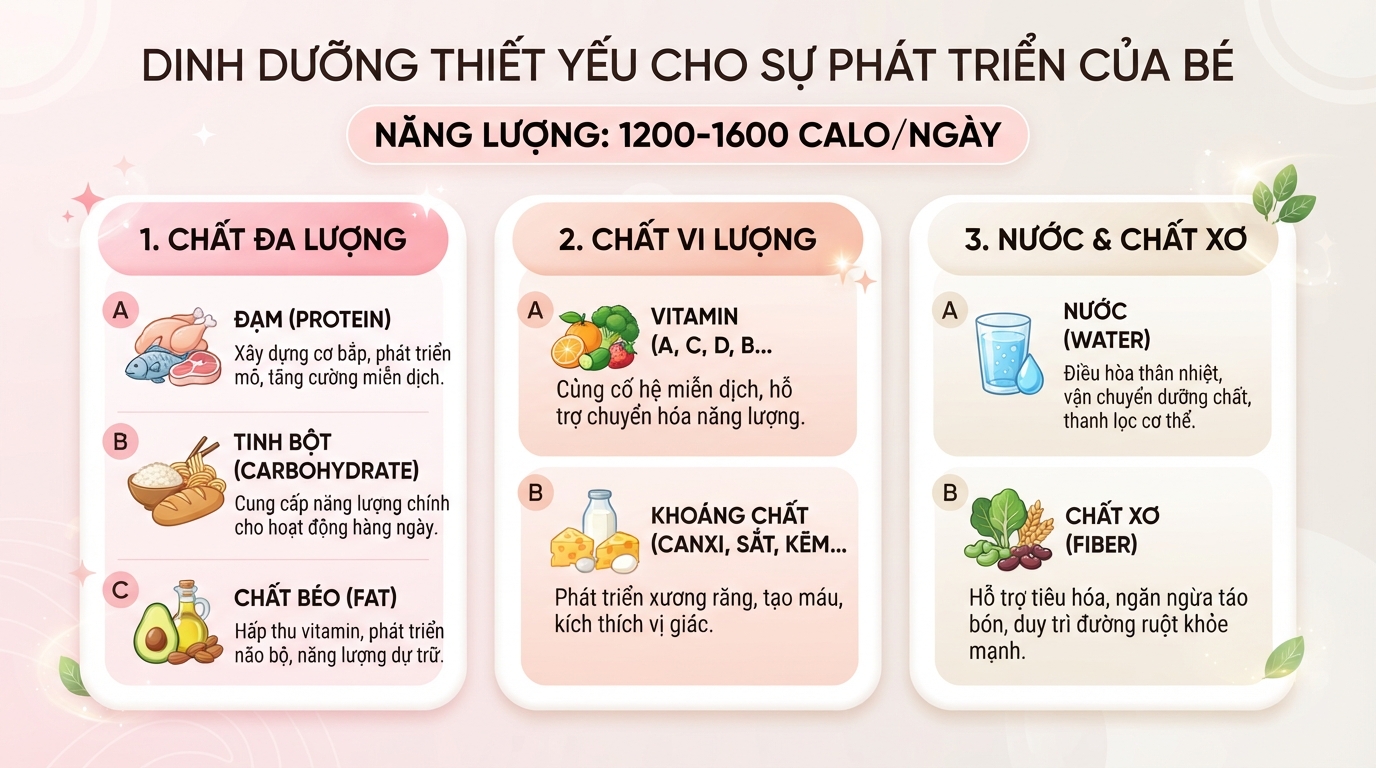 Bảng tổng hợp các nhóm chất dinh dưỡng thiết yếu cho sự phát triển của bé. Bảng tổng hợp các nhóm chất dinh dưỡng thiết yếu cho sự phát triển của bé.