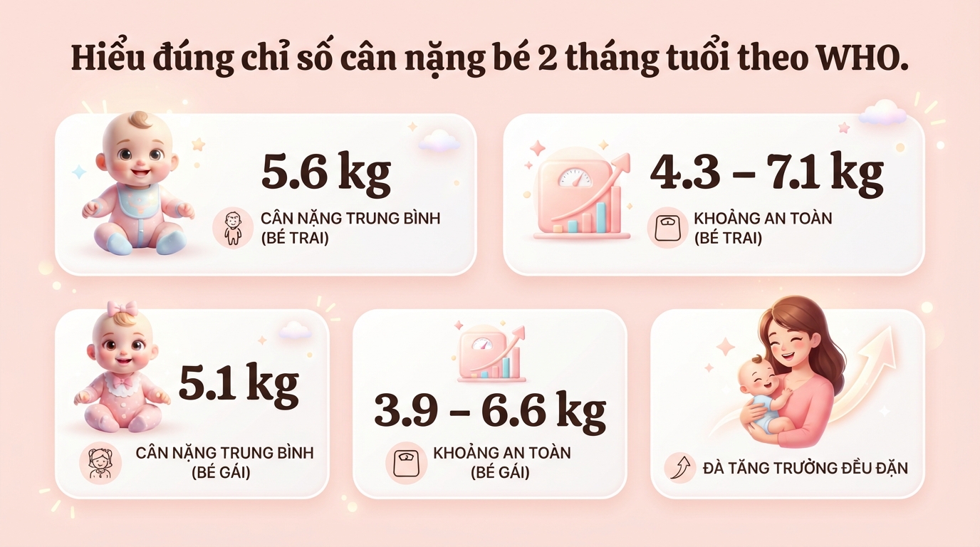 Bé 2 tháng bao nhiêu kg là bình thường? Bảng cân nặng chuẩn WHO