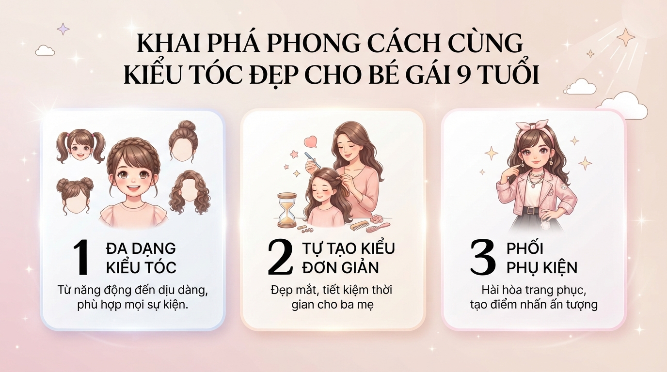 Tổng hợp kiểu tóc đẹp cho bé gái 9 tuổi phù hợp đi học, đi chơi
