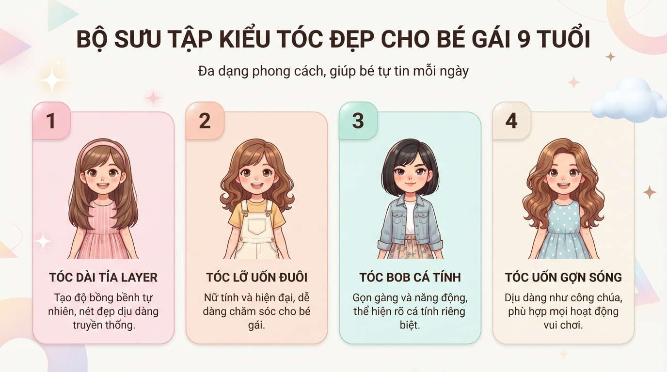 Bộ sưu tập các kiểu tóc đẹp cho bé gái 9 tuổi đa dạng phong cách từ truyền thống đến cá tính. Bộ sưu tập các kiểu tóc đẹp cho bé gái 9 tuổi đa dạng phong cách từ truyền thống đến cá tính.