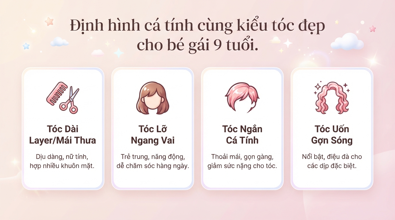 Tổng hợp kiểu tóc đẹp cho bé gái 9 tuổi phù hợp đi học, đi chơi