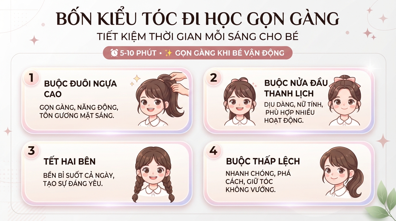 Bốn kiểu tóc đi học gọn gàng giúp tiết kiệm thời gian chuẩn bị mỗi sáng. Bốn kiểu tóc đi học gọn gàng giúp tiết kiệm thời gian chuẩn bị mỗi sáng.