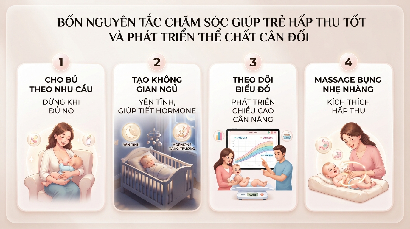 Bốn nguyên tắc chăm sóc giúp trẻ hấp thu tốt và phát triển thể chất cân đối. Bốn nguyên tắc chăm sóc giúp trẻ hấp thu tốt và phát triển thể chất cân đối.