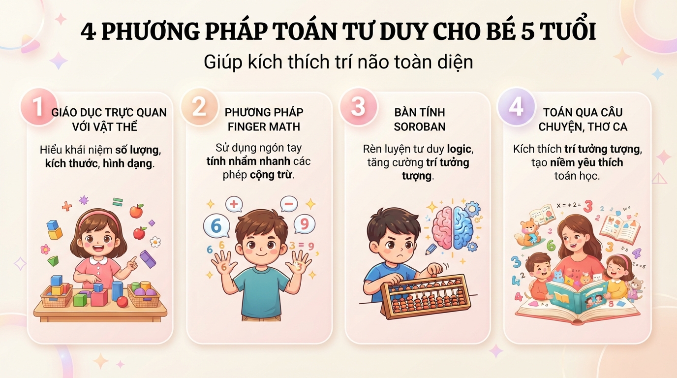 Bốn phương pháp toán tư duy cho bé 5 tuổi giúp kích thích trí nào toàn diện. Bốn phương pháp toán tư duy cho bé 5 tuổi giúp kích thích trí nào toàn diện.