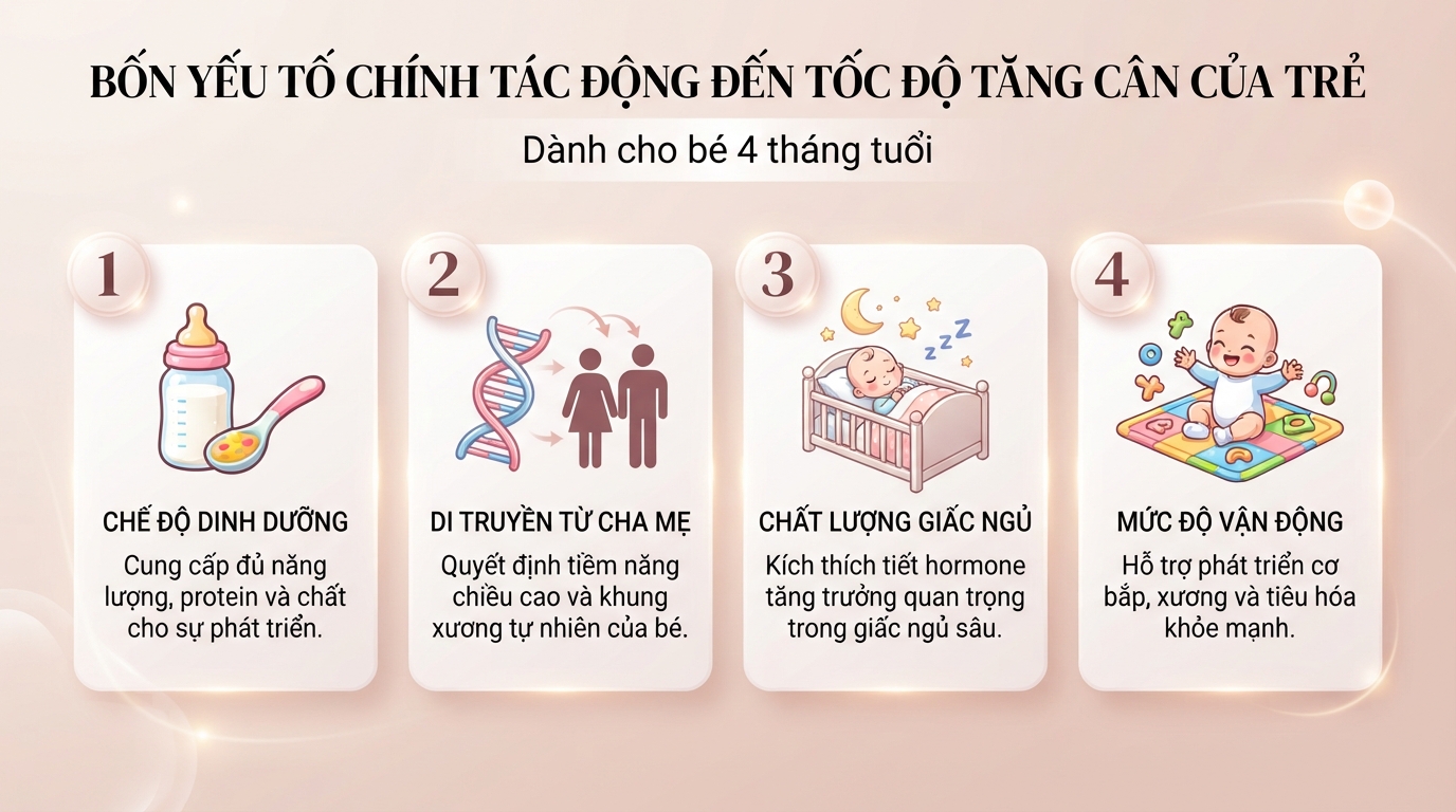 Nhiều yếu tố cùng tác động đến tốc độ tăng cân của bé 4 tháng.