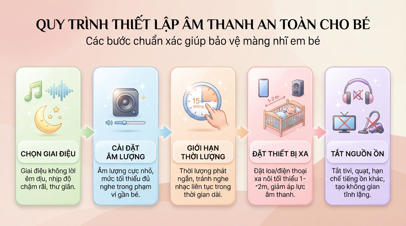 Các bước thiết lập không gian và âm lượng chuẩn xác giúp bảo vệ màng nhĩ em bé. Các bước thiết lập không gian và âm lượng chuẩn xác giúp bảo vệ màng nhĩ em bé.