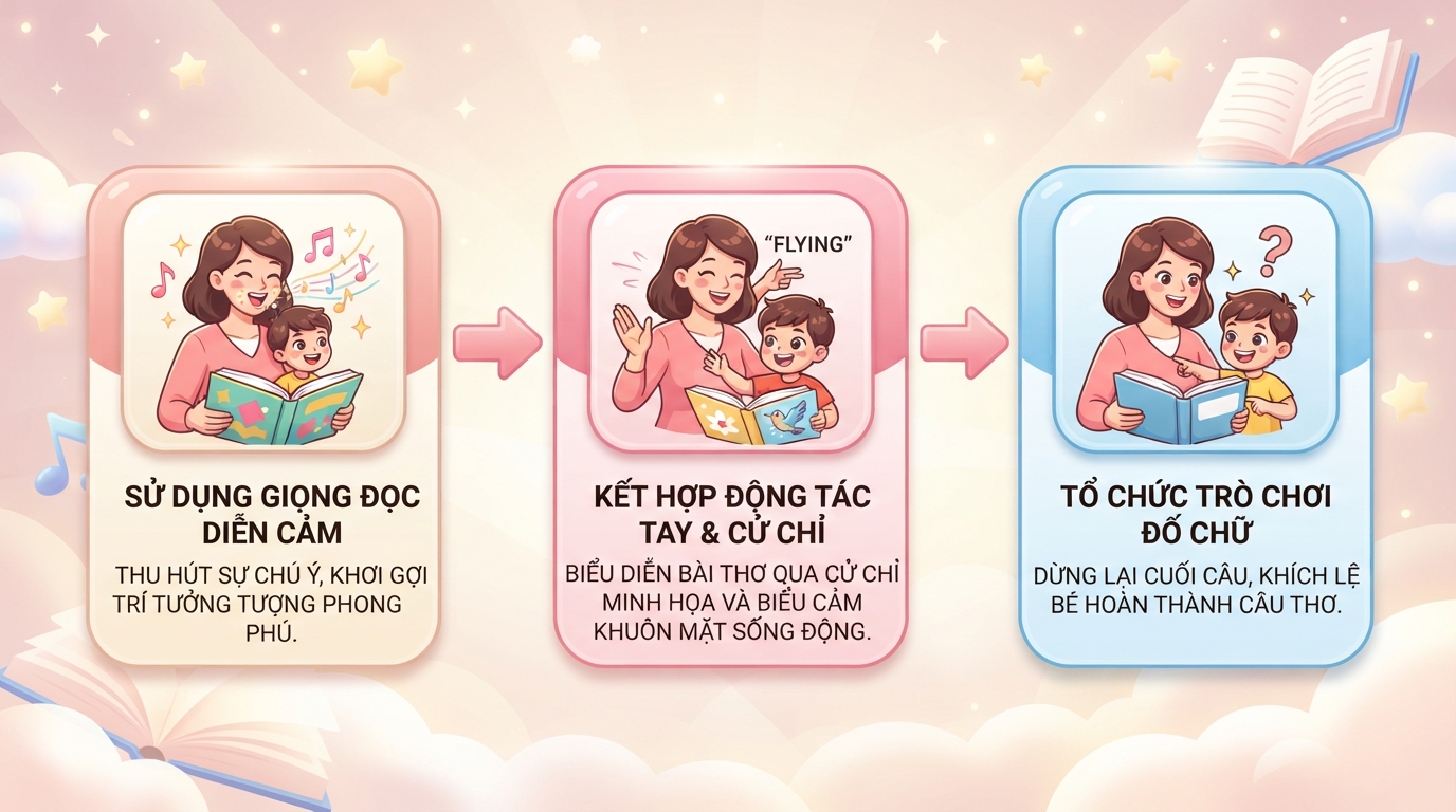 Các bước tương tác sinh động giúp giờ đọc thơ luôn tràn ngập tiếng cười. Các bước tương tác sinh động giúp giờ đọc thơ luôn tràn ngập tiếng cười.