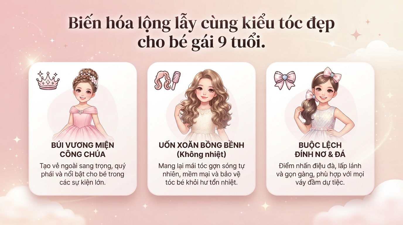 Tổng hợp kiểu tóc đẹp cho bé gái 9 tuổi phù hợp đi học, đi chơi