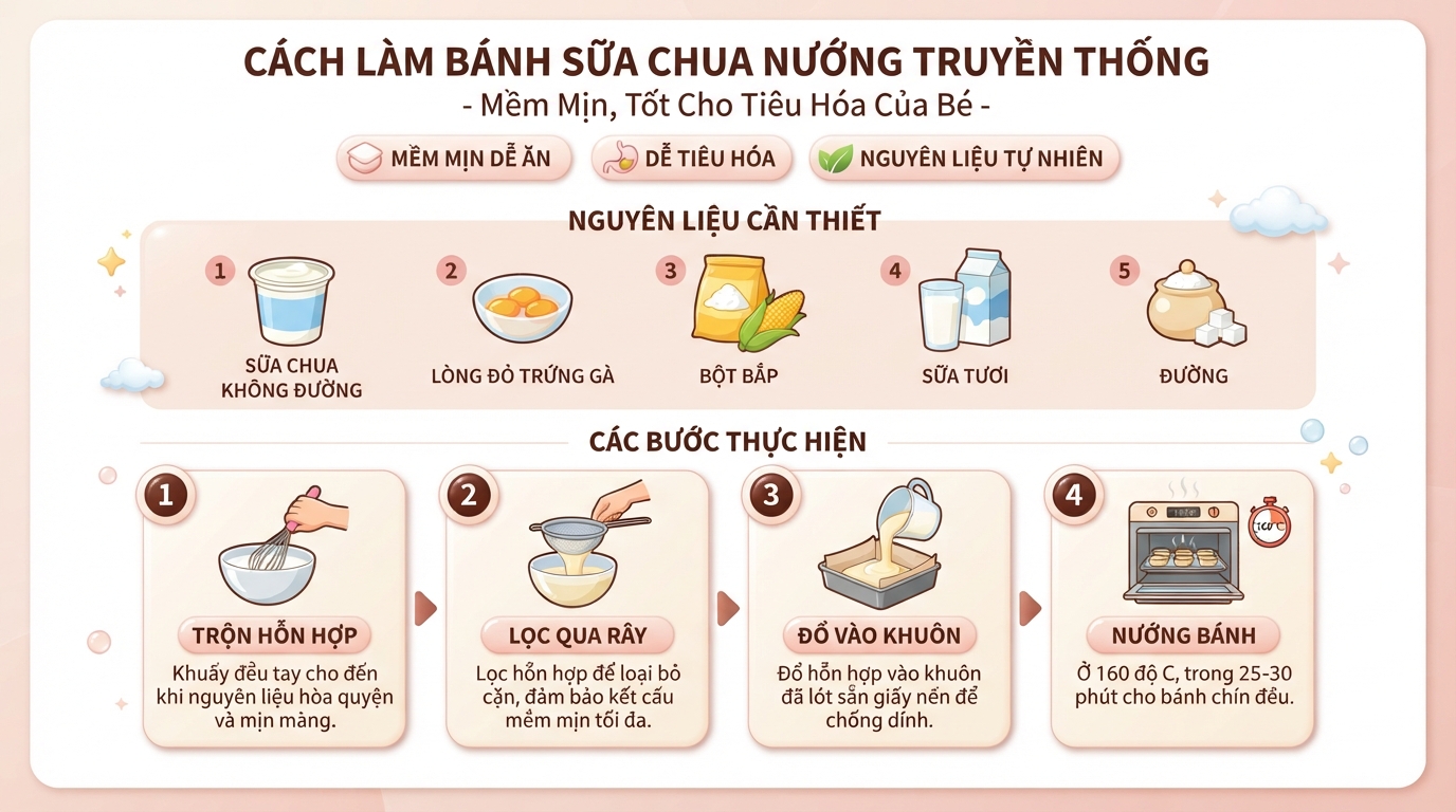 Cách làm bánh sữa chua nướng truyền thống mềm mịn, tốt cho hệ tiêu hóa của bé.