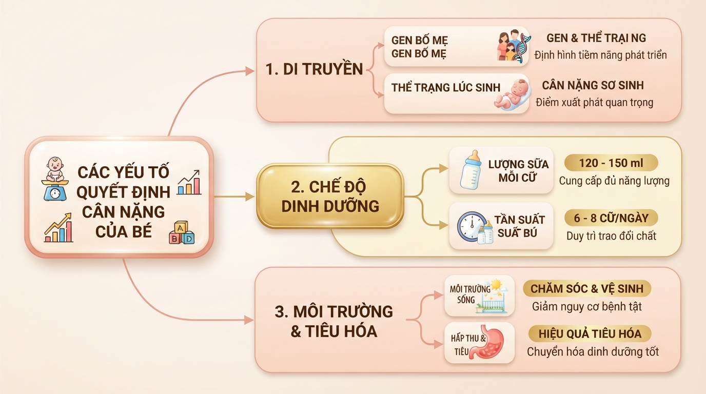 Cân nặng của bé phụ thuộc vào di truyền, dinh dưỡng và sức khỏe.