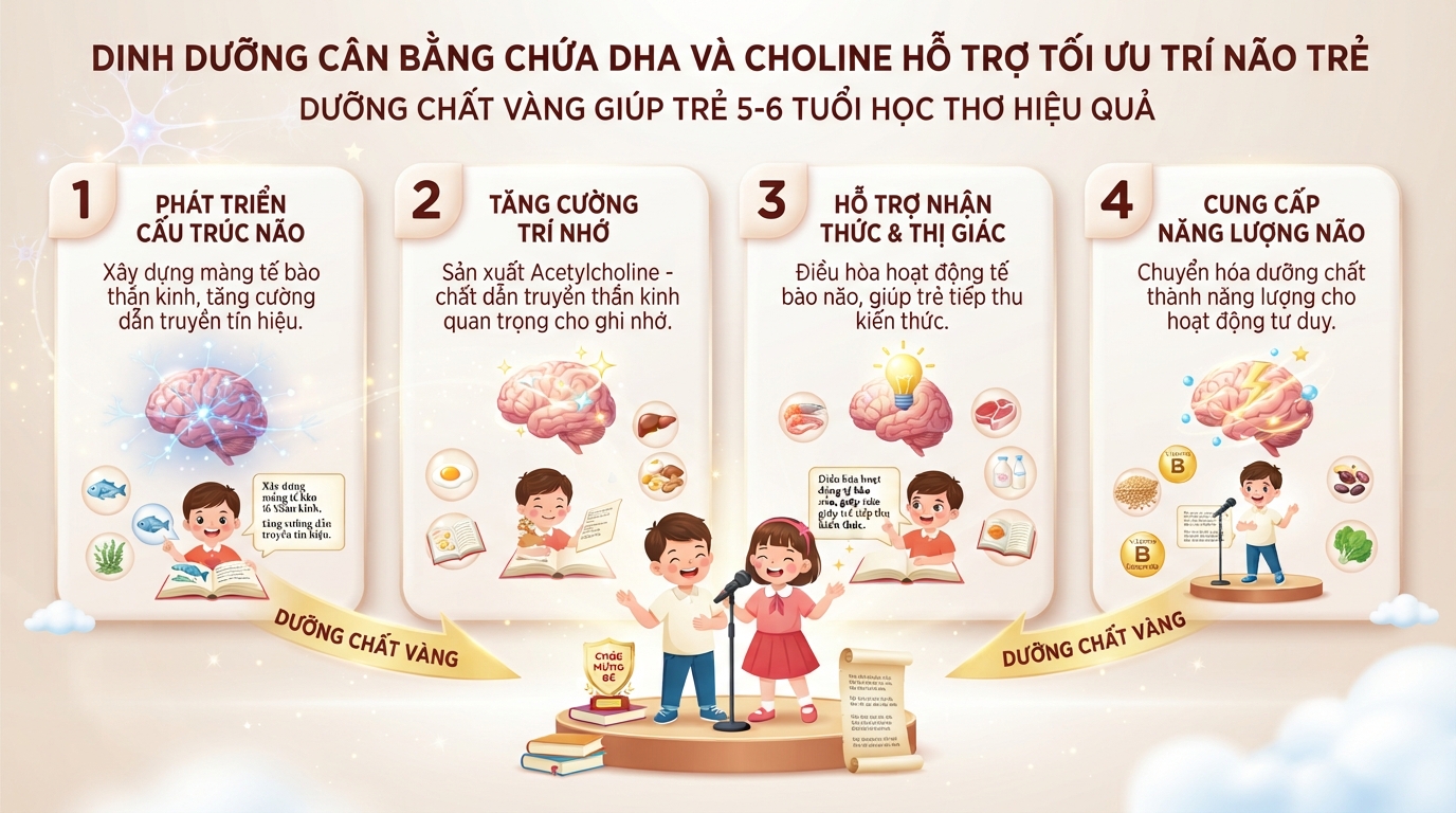 Dinh dưỡng cân bằng chứa DHA và Choline hỗ trợ tối ưu trí não trẻ. Dinh dưỡng cân bằng chứa DHA và Choline hỗ trợ tối ưu trí não trẻ.