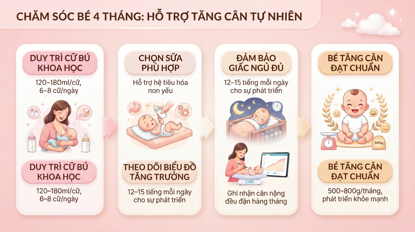 Cho bé bú theo nhu cầu và ngủ đủ giấc giúp bé 4 tháng tăng cân đều đặn.