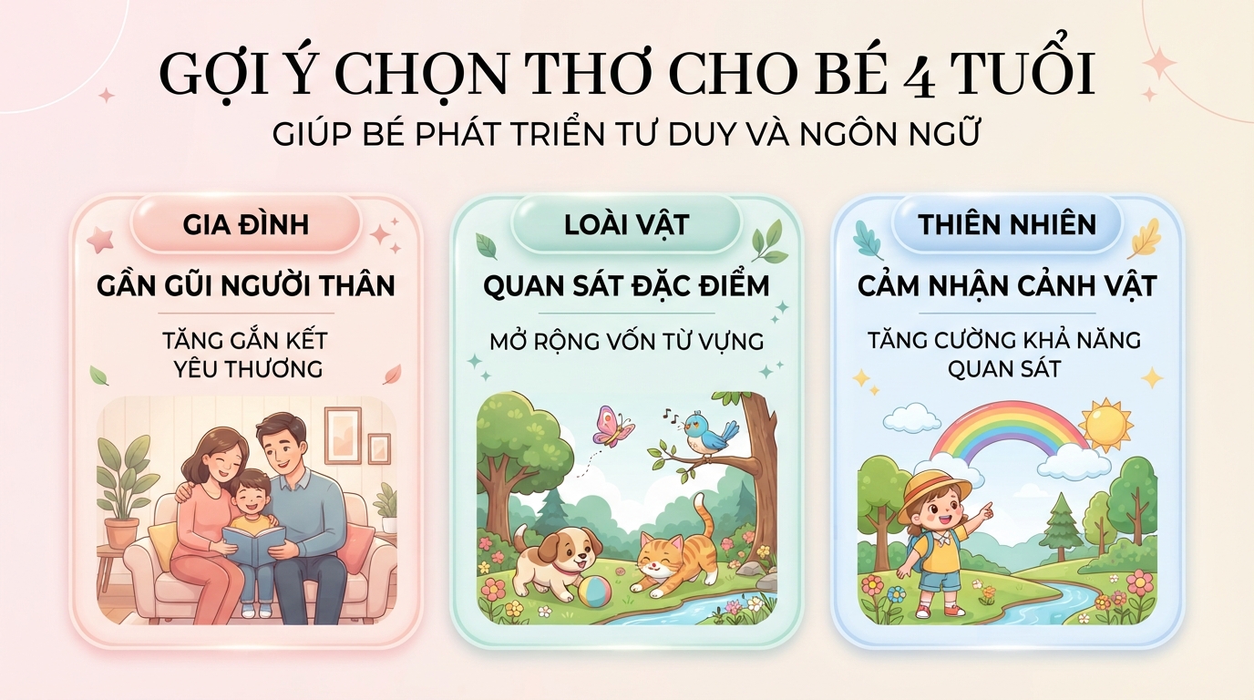 Gợi ý chọn bài thơ cho bé 4 tuổi theo chủ đề giúp kích thích tư duy. Gợi ý chọn bài thơ cho bé 4 tuổi theo chủ đề giúp kích thích tư duy.