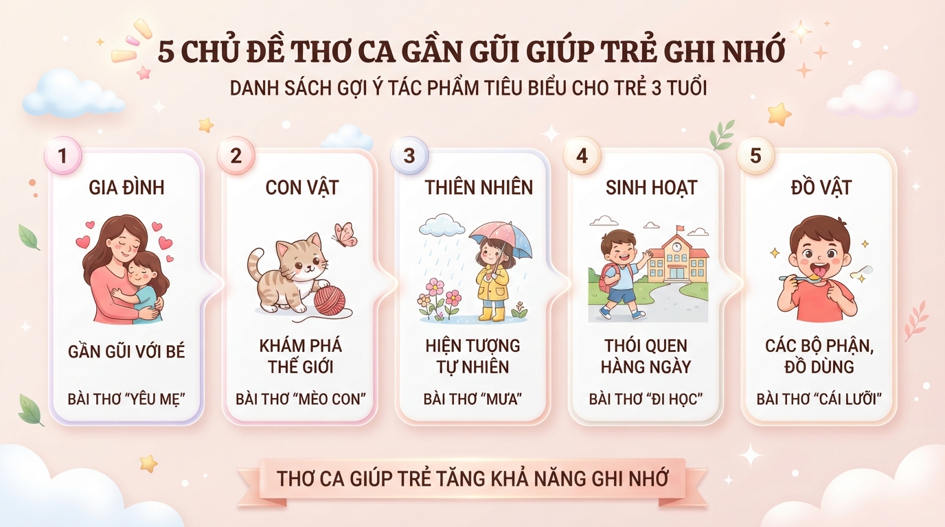 Gợi ý năm chủ đề thơ ca gần gũi nhất giúp trẻ tăng khả năng ghi nhớ. Gợi ý năm chủ đề thơ ca gần gũi nhất giúp trẻ tăng khả năng ghi nhớ.