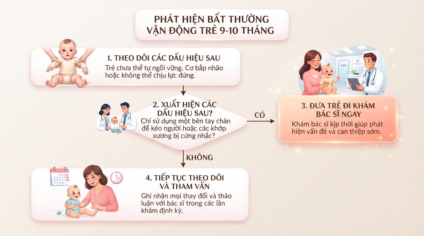 Khám bác sĩ kịp thời giúp phát hiện bất thường vận động khi trẻ 9-10 tháng tuổi. Khám bác sĩ kịp thời giúp phát hiện bất thường vận động khi trẻ 9-10 tháng tuổi.
