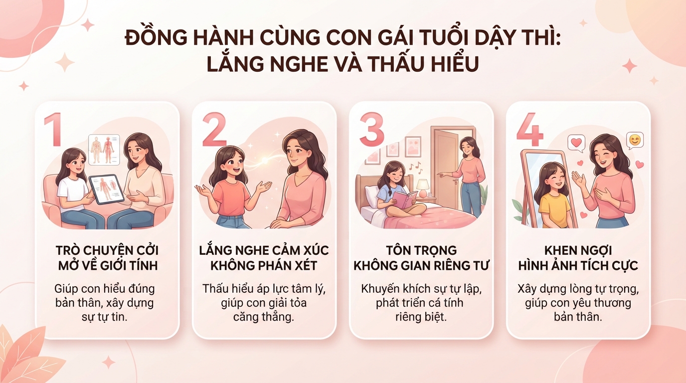 Lắng nghe không phán xét giúp con giải tỏa áp lực tâm lý và gắn kết với gia đình. Lắng nghe không phán xét giúp con giải tỏa áp lực tâm lý và gắn kết với gia đình.