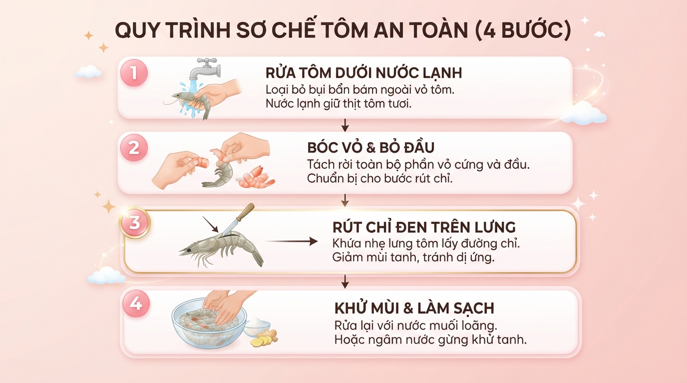 Loại bỏ chỉ đen trên lưng tôm giúp giảm mùi tanh và tránh dị ứng tiêu hóa.