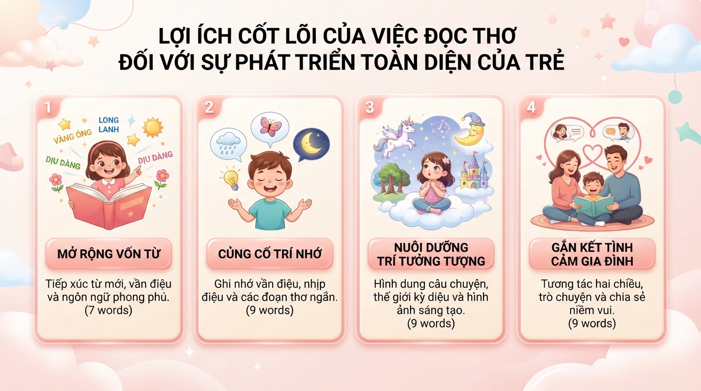 Lợi ích cốt lõi của việc đọc thơ đối với sự phát triển toàn diện của trẻ. Lợi ích cốt lõi của việc đọc thơ đối với sự phát triển toàn diện của trẻ.
