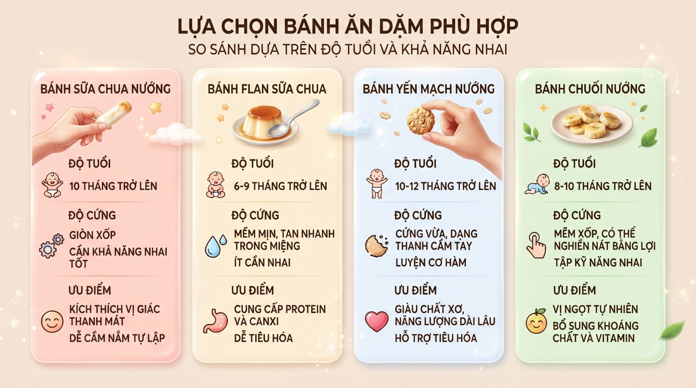 Lựa chọn loại bánh ăn dặm phù hợp với độ tuổi và khả năng nhai.