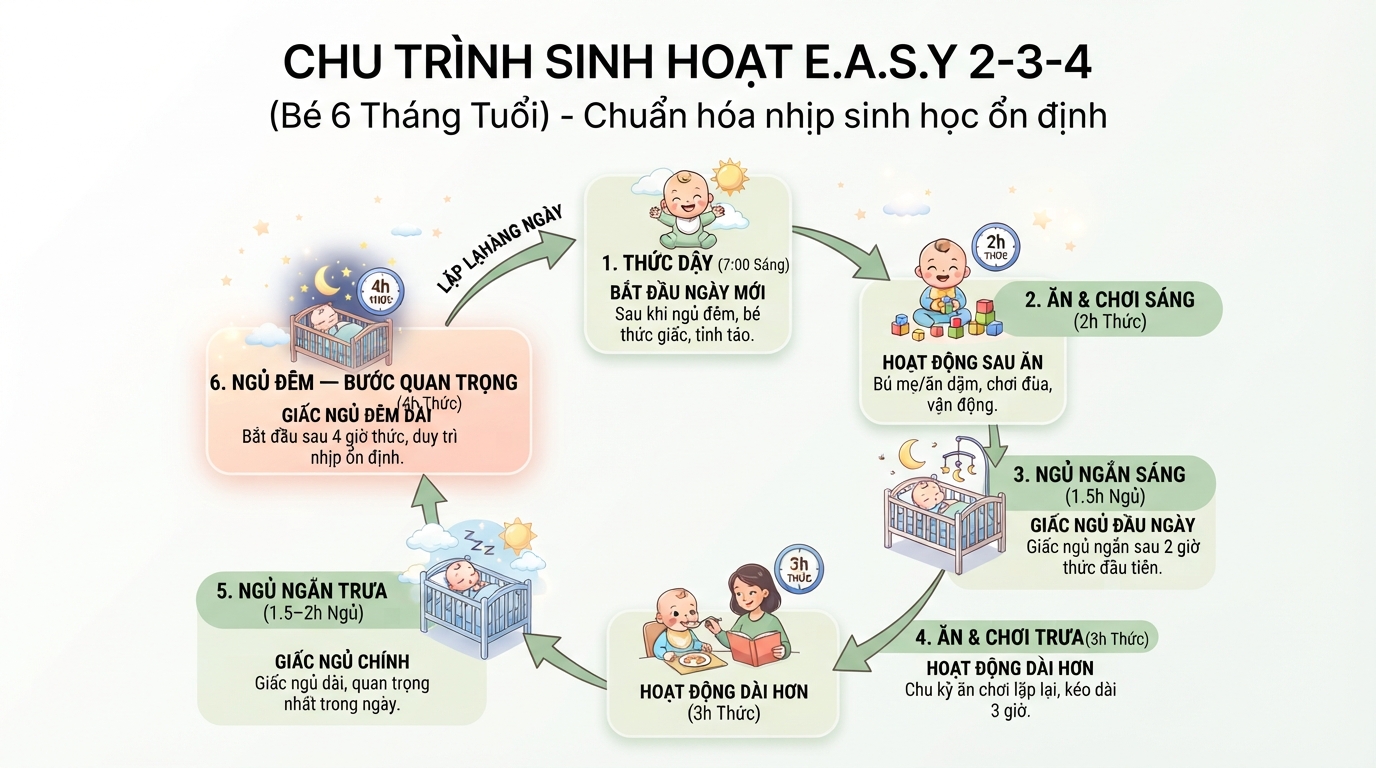 Mô hình EASY 2-3-4 giúp chuẩn hóa lịch sinh hoạt bé 6 tháng hiệu quả. Mô hình EASY 2-3-4 giúp chuẩn hóa lịch sinh hoạt bé 6 tháng hiệu quả.