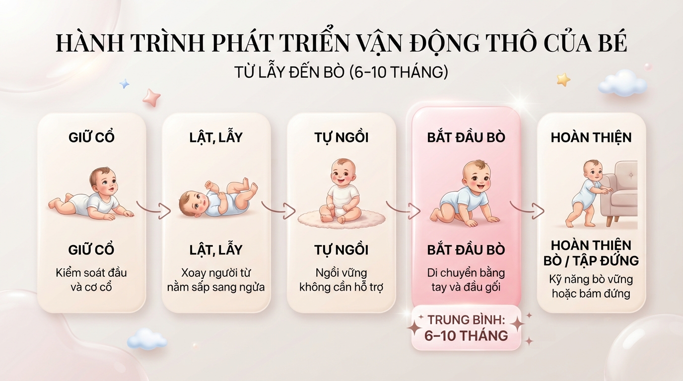 Mốc vận động cho biết bé mấy tháng biết bò nằm trong khoảng 6 đến 10 tháng. Mốc vận động cho biết bé mấy tháng biết bò nằm trong khoảng 6 đến 10 tháng.