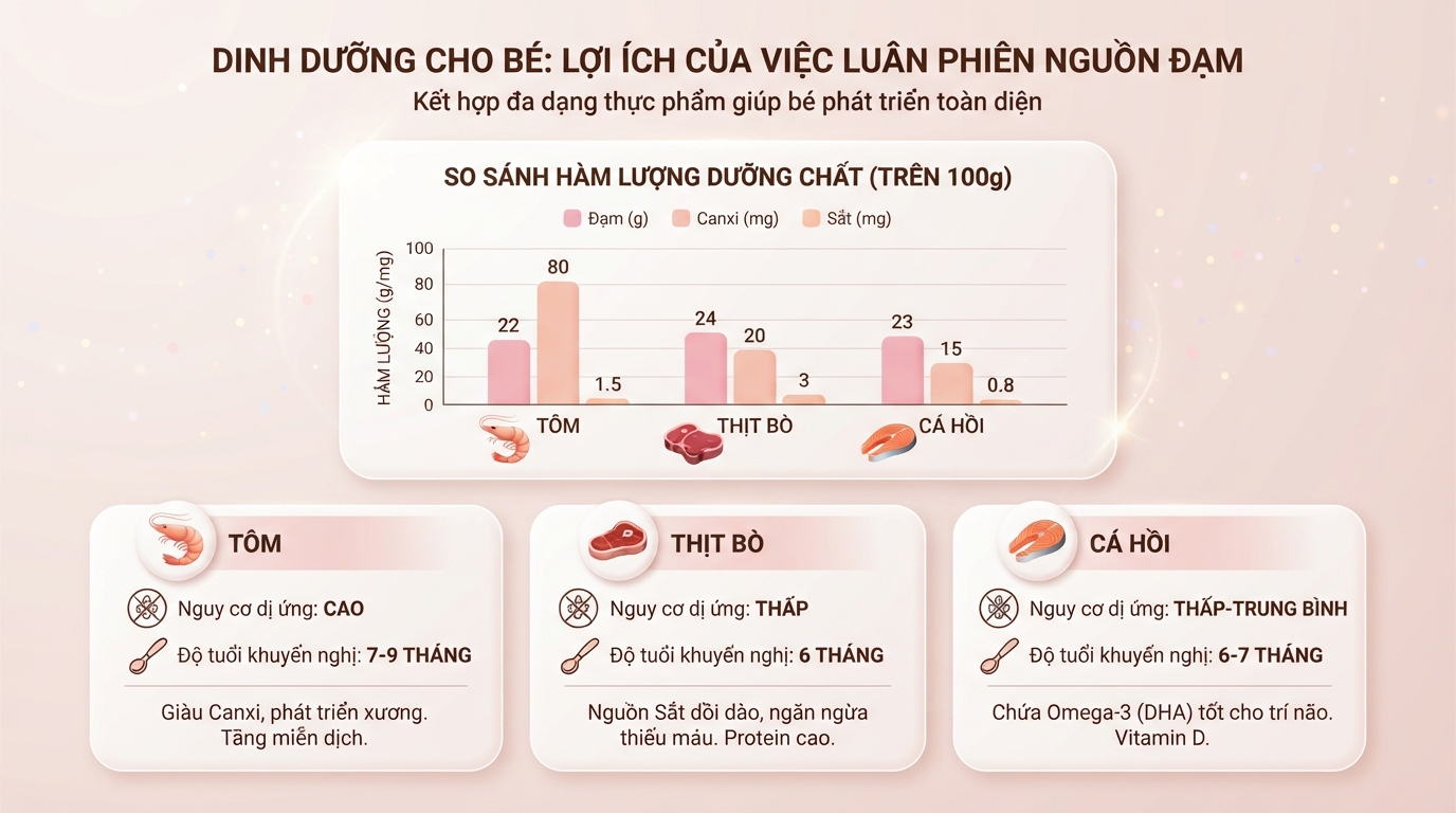 Nên luân phiên tôm với thịt bò và cá hồi để cân bằng vi chất dinh dưỡng.