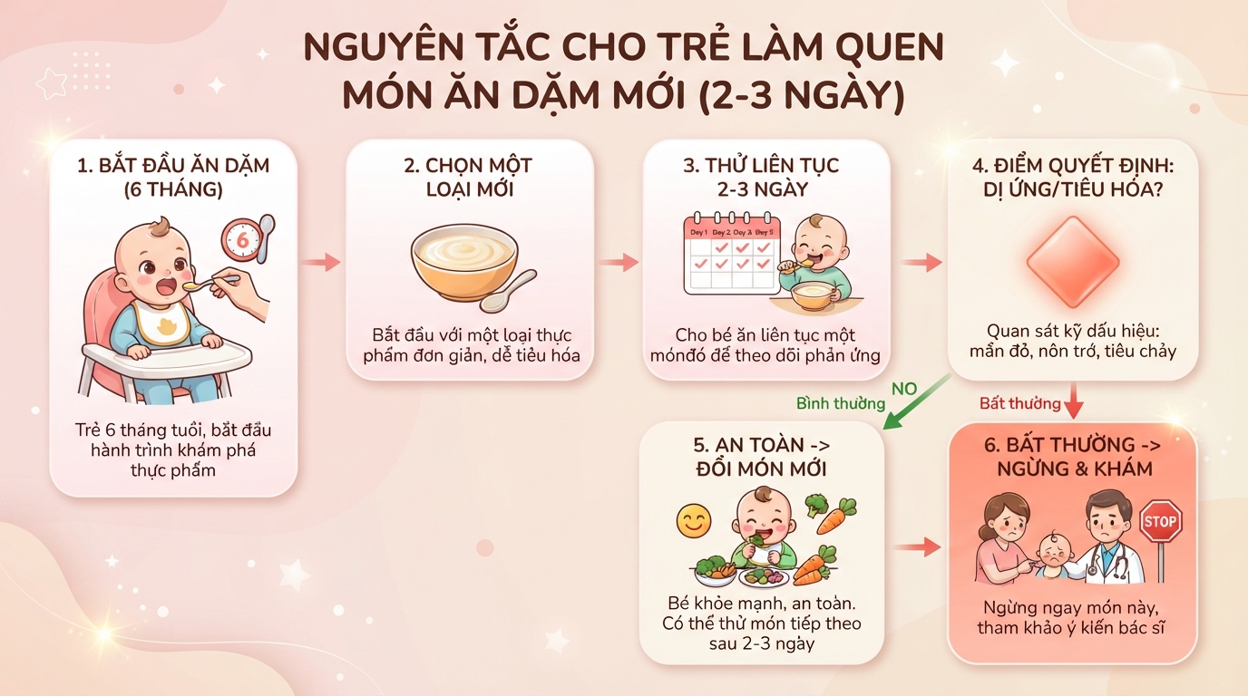 Nguyên tắc cho trẻ làm quen từng món ăn dặm mới trong 2 đến 3 ngày. Nguyên tắc cho trẻ làm quen từng món ăn dặm mới trong 2 đến 3 ngày.