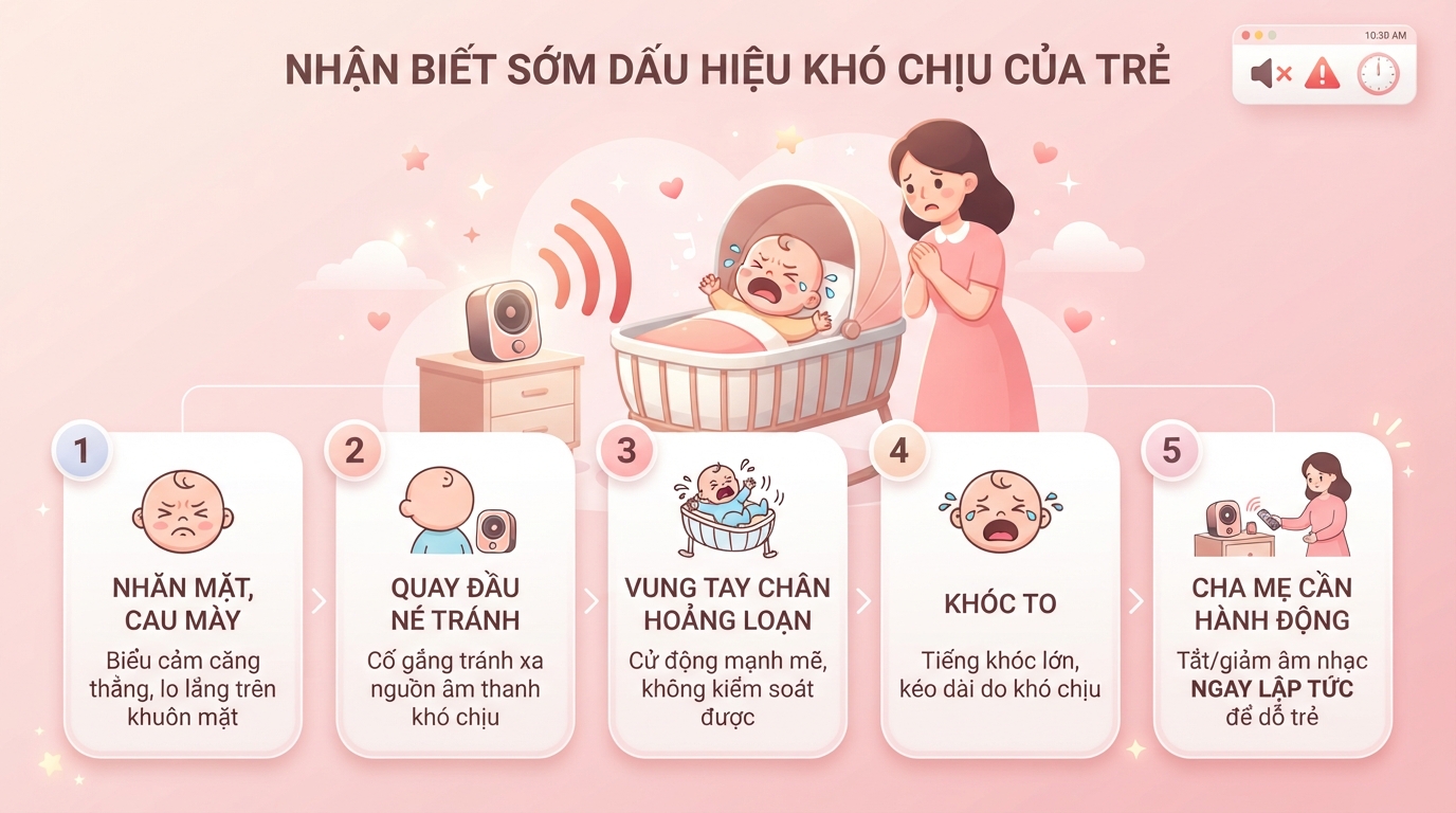 Nhận biết sớm các phản ứng cơ thể giúp cha mẹ kịp thời tắt nhạc. Nhận biết sớm các phản ứng cơ thể giúp cha mẹ kịp thời tắt nhạc.