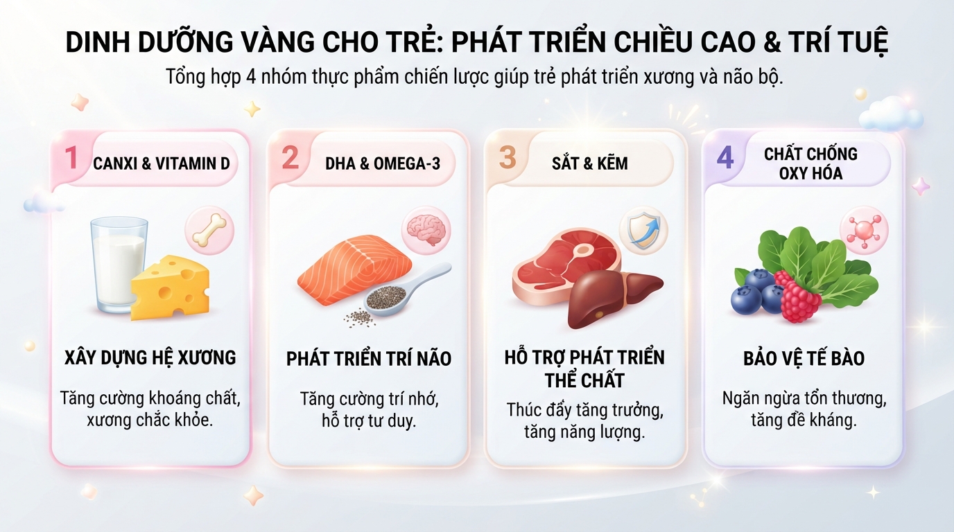 Nhóm thực phẩm giàu DHA và canxi hỗ trợ phát triển chiều cao trí tuệ. Nhóm thực phẩm giàu DHA và canxi hỗ trợ phát triển chiều cao trí tuệ.