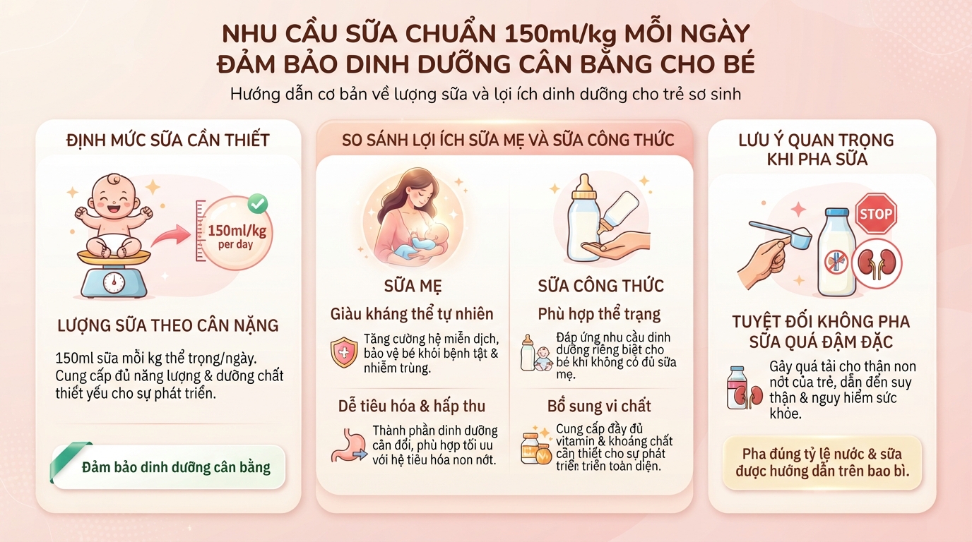 Nhu cầu sữa chuẩn 150ml/kg mỗi ngày đảm bảo dinh dưỡng cân bằng cho bé. Nhu cầu sữa chuẩn 150ml/kg mỗi ngày đảm bảo dinh dưỡng cân bằng cho bé.