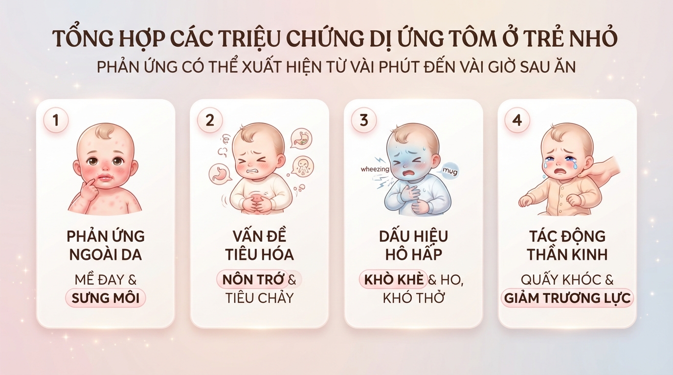 Phản ứng dị ứng tôm có thể xuất hiện từ vài phút đến vài giờ sau ăn.