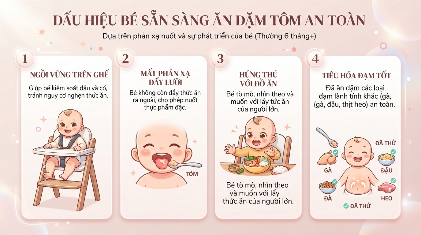 Phản xạ nuốt tốt giúp xác định chính xác bé mấy tháng ăn được tôm an toàn.