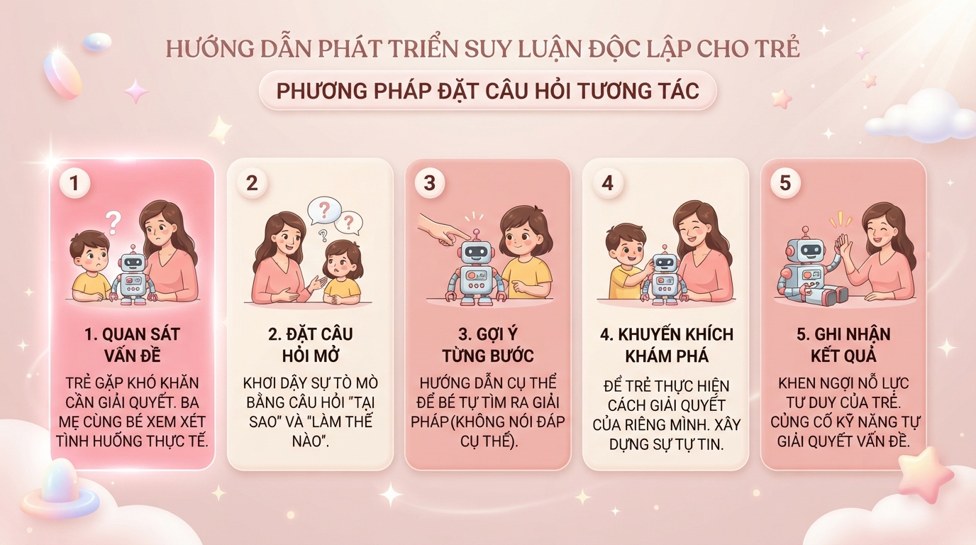 Quy trình câu hỏi gợi mở giúp trẻ hình thành phản xạ suy luận độc lập. Quy trình câu hỏi gợi mở giúp trẻ hình thành phản xạ suy luận độc lập.