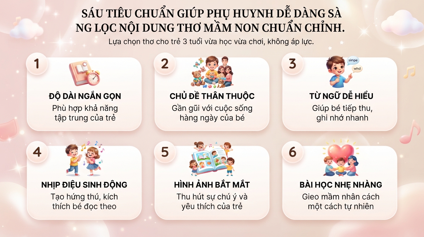 Sáu tiêu chuẩn giúp phụ huynh dễ dàng sàng lọc nội dung thơ mầm non chuẩn chỉnh. Sáu tiêu chuẩn giúp phụ huynh dễ dàng sàng lọc nội dung thơ mầm non chuẩn chỉnh.