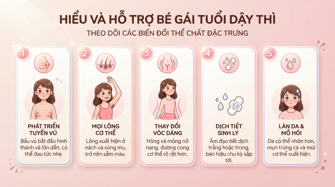 Theo dõi biến đổi thể chất giúp hỗ trợ tuổi dậy thì bé gái an toàn và chuẩn xác. Theo dõi biến đổi thể chất giúp hỗ trợ tuổi dậy thì bé gái an toàn và chuẩn xác.