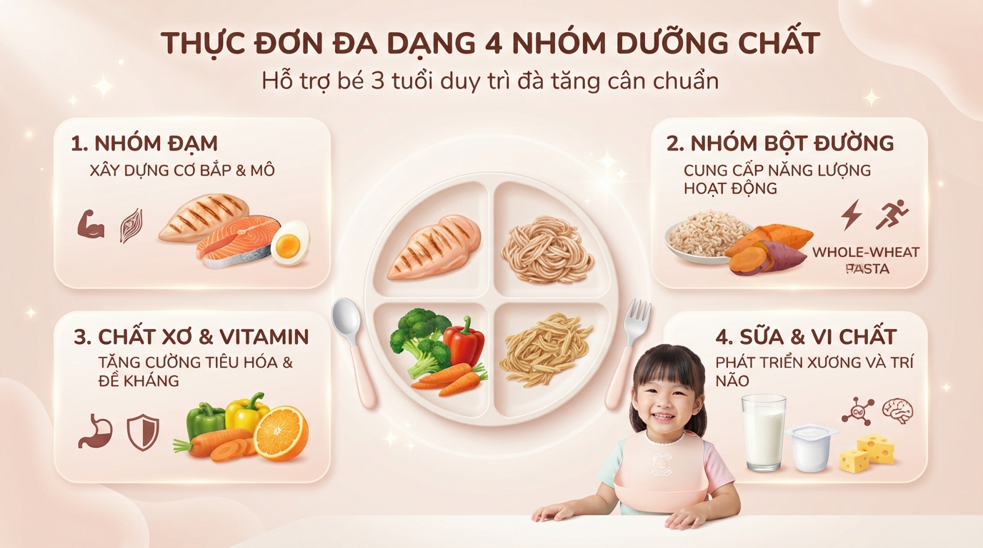 Thực đơn đa dạng các nhóm chất giúp bé 3 tuổi tăng cân đều đặn.