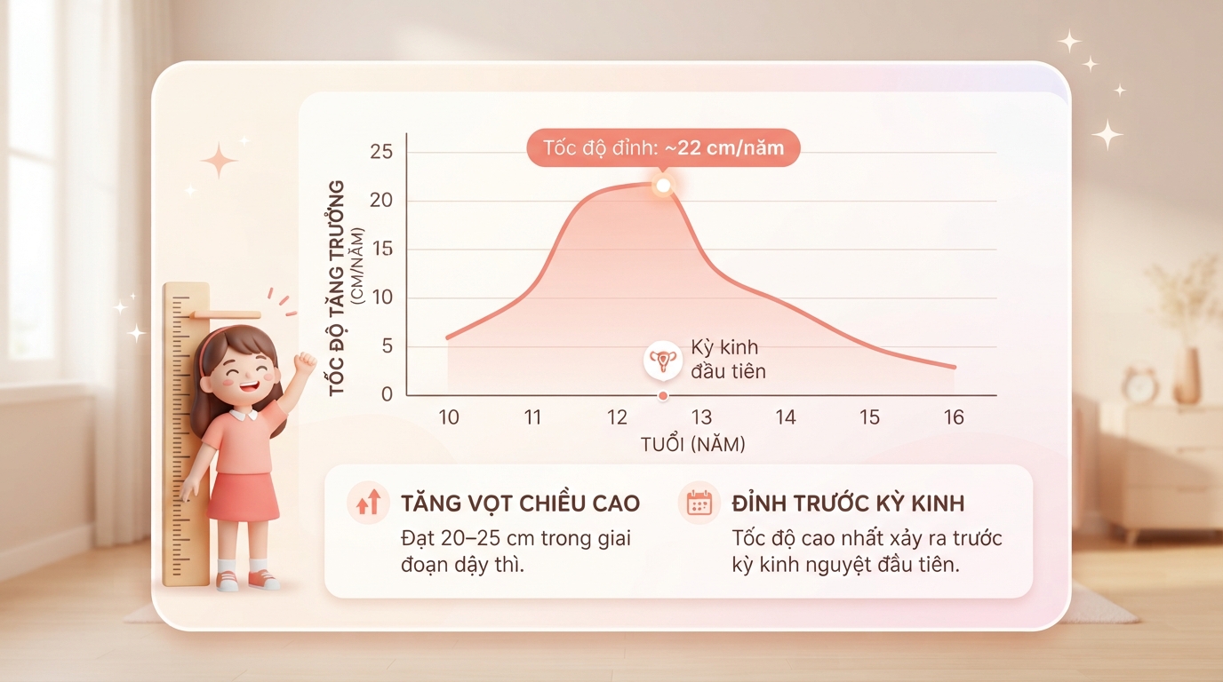 Tốc độ tăng chiều cao đạt đỉnh trước kỳ kinh đầu tiên rồi giảm dần sau đó. Tốc độ tăng chiều cao đạt đỉnh trước kỳ kinh đầu tiên rồi giảm dần sau đó.