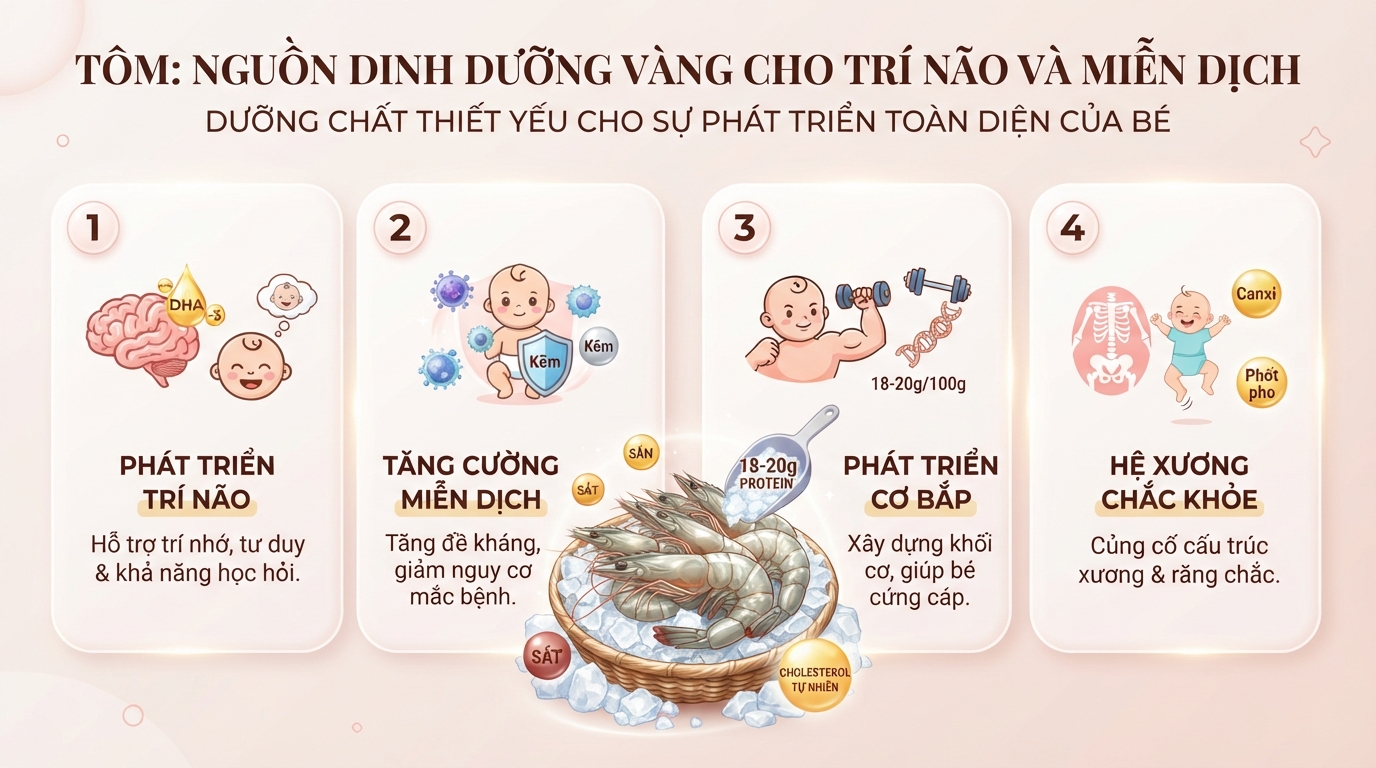 Tôm chứa protein dồi dào cùng kẽm và omega-3 giúp phát triển trí não và miễn dịch.
