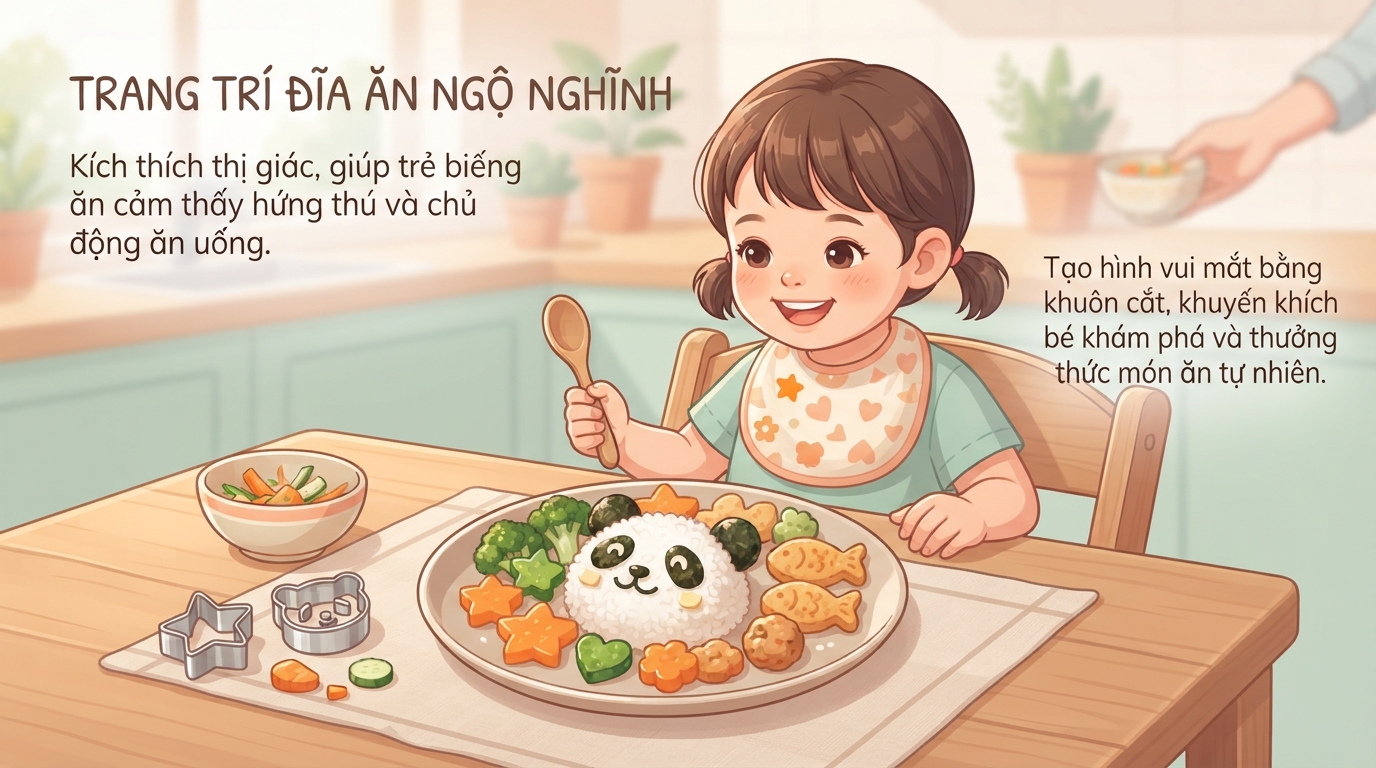Trang trí món ăn bằng hình thù ngộ nghĩnh kích thích vị giác bé hiệu quả. Trang trí món ăn bằng hình thù ngộ nghĩnh kích thích vị giác bé hiệu quả.